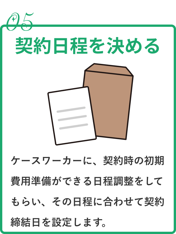 契約日程を決める|ケースワーカーに、契約時の初期費用準備ができる日程調整をしてもらい、その日程に合わせて契約締結日を設定します。